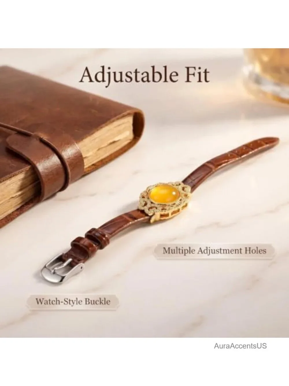 Genuine Amber Leather Wrap Bracelet Watch Style Calfskin
